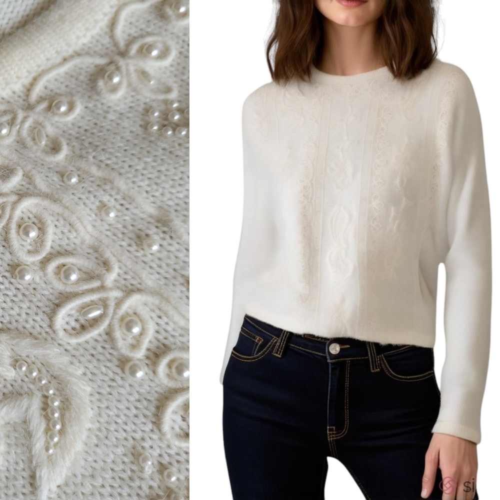 Vintage Embroidered Wool Sweater With Pearls Granny Chic Cream Large